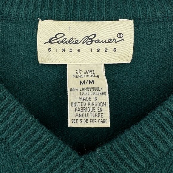 Vintage Eddie Bauer Made in UK Dark Green V-Neck Lambswool Wool Knit Sweater - Picture 5 of 6